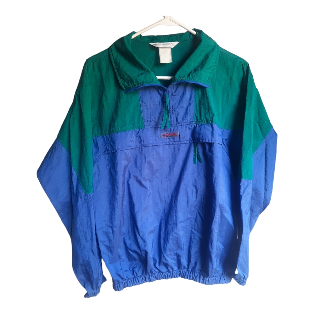 Vintage Columbia Windbreaker Jacket 90s color block blue green S pullover retro